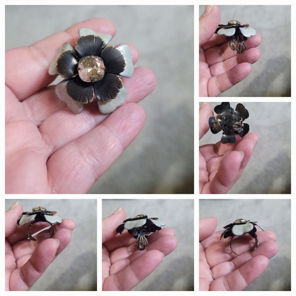 Swarovski Crystal Flower Enamel Filigree Adjustable Ring Statement Liz Palacios